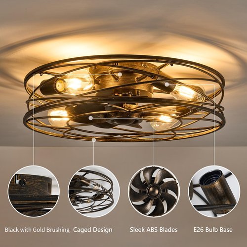 Flush Mount Caged Ceiling Fan: 20" Caged Ceiling Fan with Lights and Remote, Bladeless Low Profile Ceiling Fans 6 Speed Reversible Quiet Industrial Enclosed Ceiling Fan for Bedroom Dining Room Kitchen