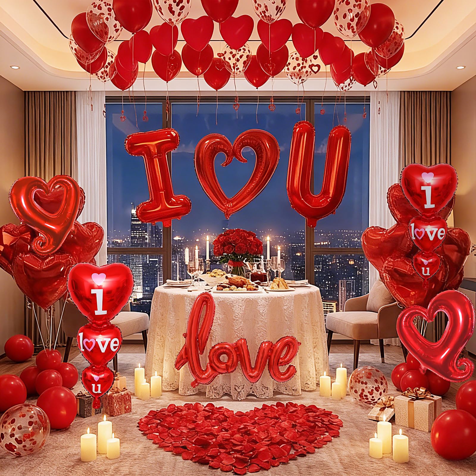 36in I Love You for Her/Him Balloons, 1126pcs Happy Anniversary Decorations with Red Heart Confetti Balloons Rose Petals, Heart Hanging for Valentines Anniversary Day Wedding Romantic Special Night