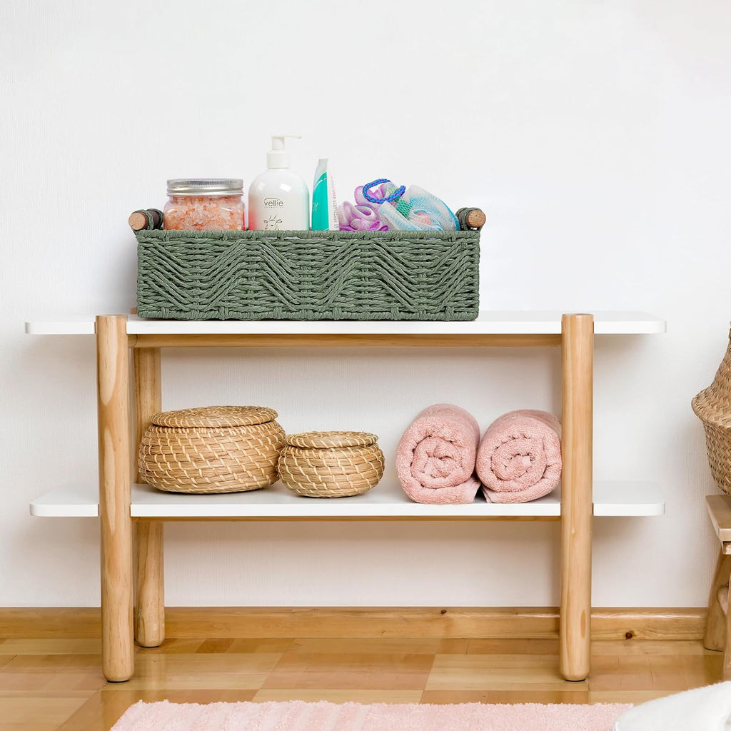 Skiennix Bathroom Baskets - Decorative Organizing Set with Handle for Countertop Storage | Green