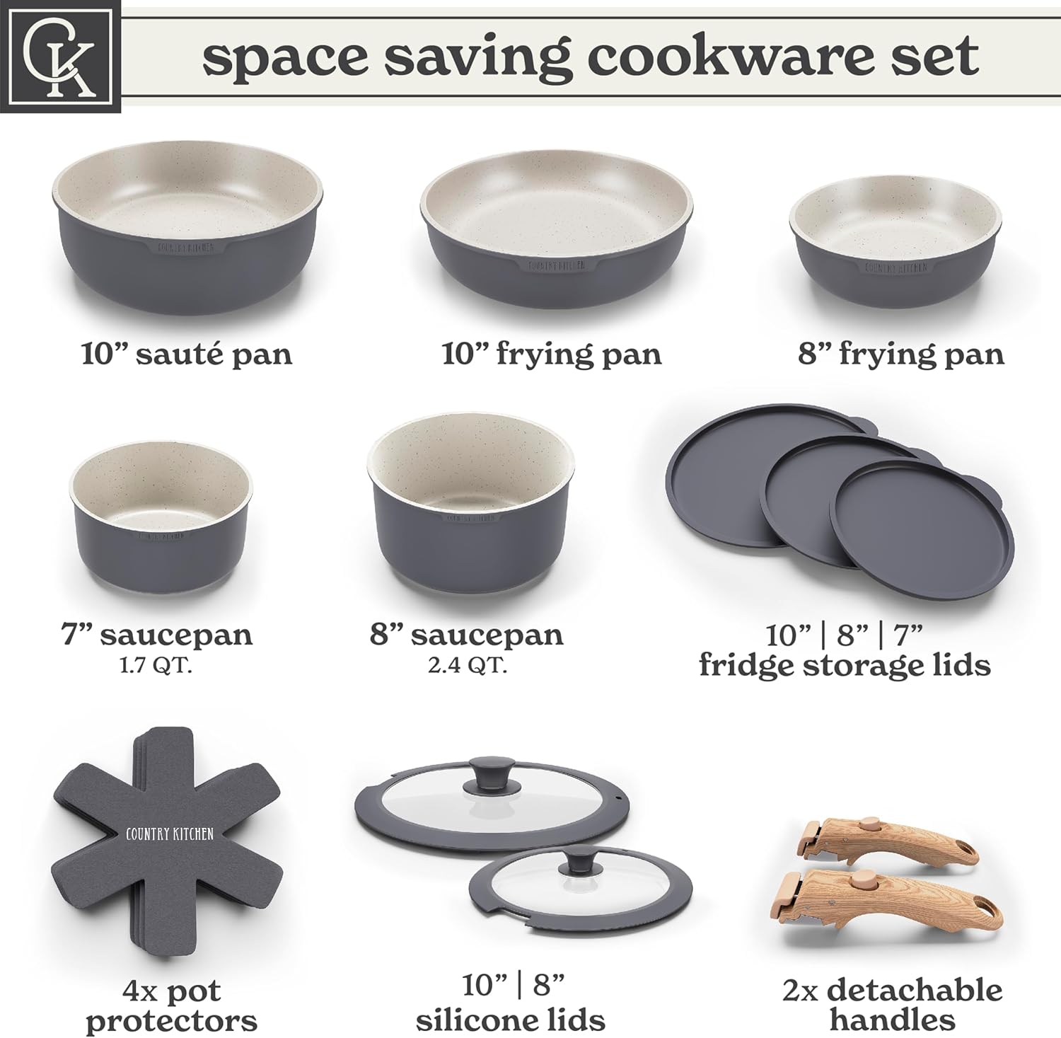 Country Kitchen Cookware Set - Removable Handle, Oven & RV Safe Pots and Pans, Grey/Ivory Wood Handle