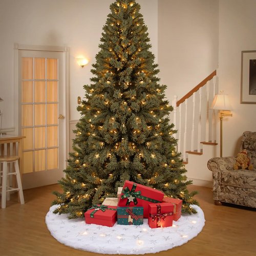 48 Inches Christmas Tree Skirt, Snowy Faux Fur White Tree Skirts with Silver Sequin Snowflakes for Xmas Tree Home Holiday Party Indoor Christmas Decorations with String Lights