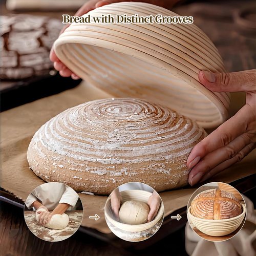 Banneton Bread Proofing Basket Set - 9-Inch Round Natural Rattan with 4 Linen Liners | Perfect for Sourdough Baking