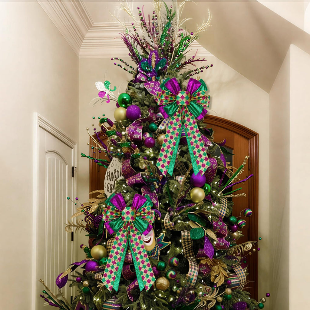2 Pcs Mardi Gras Bows for Wreaths Decorations,12”x20” Large Glitter Tree Topper Bow Decor for Holiday Party Wall Home Front Door Float Golf Cart Gold Green Purple