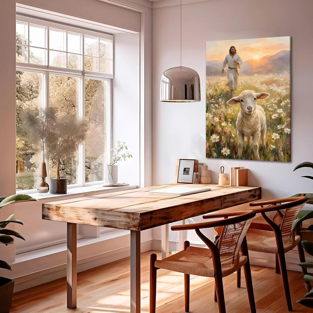 SIXWOOD Canvas Wall Art - Good Shepherd Jesus with Lost Sheep | Framed 12x16 in Christian Decor