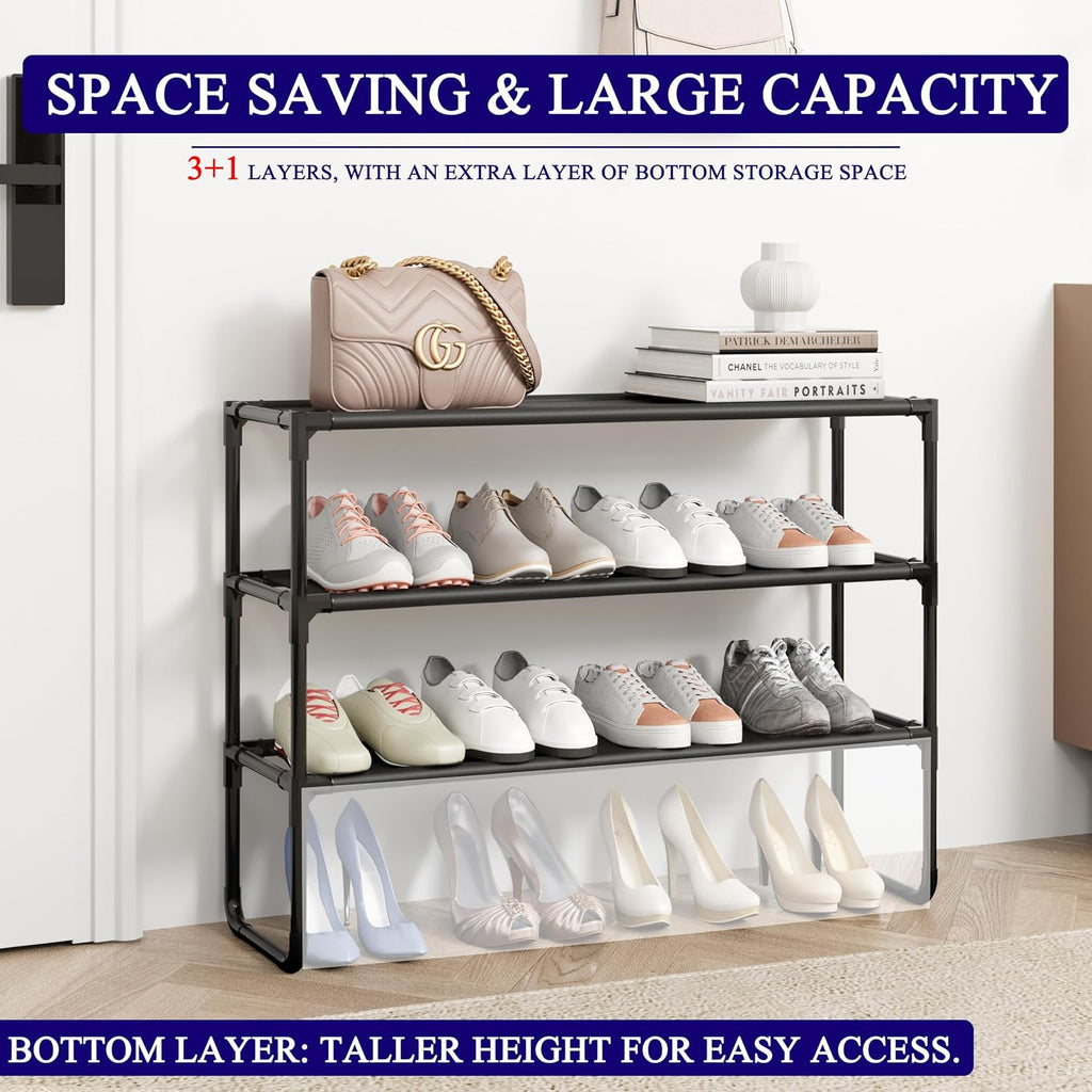 Skiennix 3-Tier Shoe Rack - Stackable Organizer for Closet & Entryway | Holds 16-20 Pairs, Black (35.8" Wide)