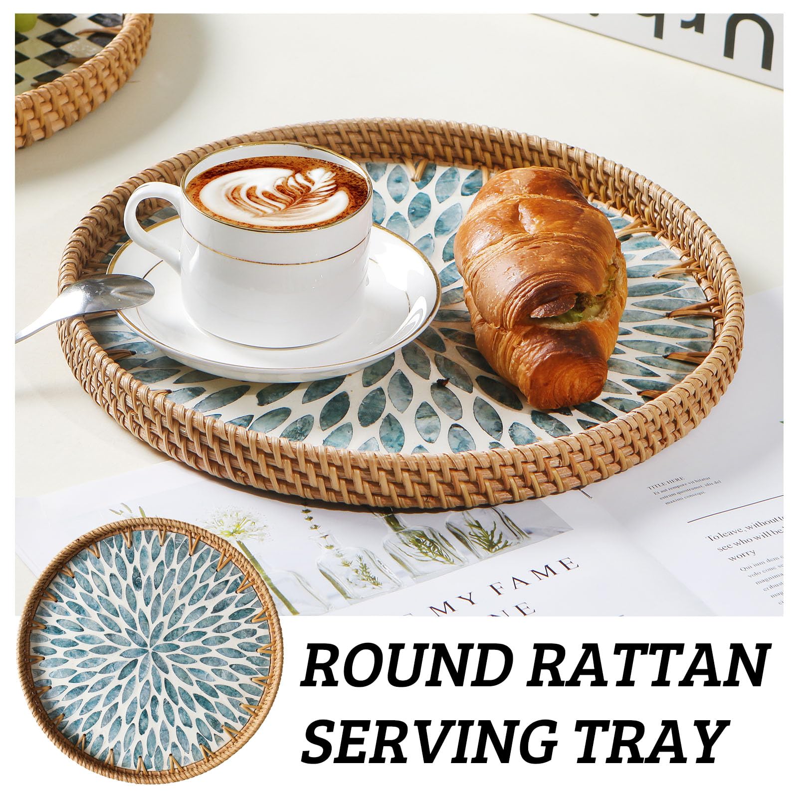 Aayoruro Round Rattan Tray with Mother of Pearl Inlay, Decorative Wicker Serving Tray with Wooden Base, Woven Basket Trays for Bread Fruits Coffee, Light Blue