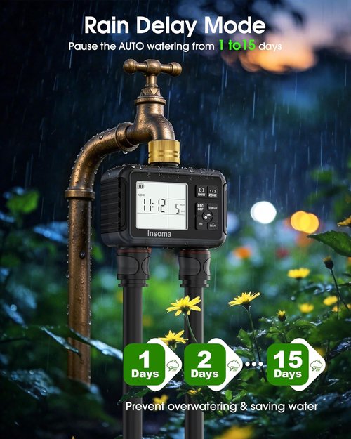 Insoma Water Timer - Brass Inlet & Outlet | 2-Zone Outdoor Hose Timer for Garden Irrigation