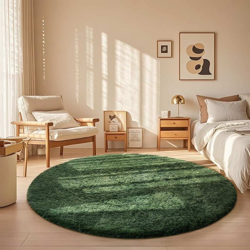 Ophanie Round Rug - 5Ft Grey Green Circle Area Rug | Plush Soft Shaggy Carpet for Kids' Rooms