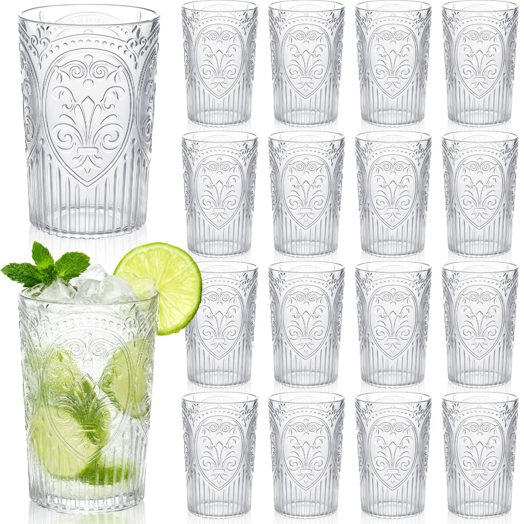 Acellegic Plastic Vintage Drinking Glasses - 16 oz Stemless Ribbed Highball Glasses Bulk Embossed Reusable Cups for Water Beer Cocktails Juice Wedding Bridal Shower Birthday Event Party(Clear,24 Pcs)