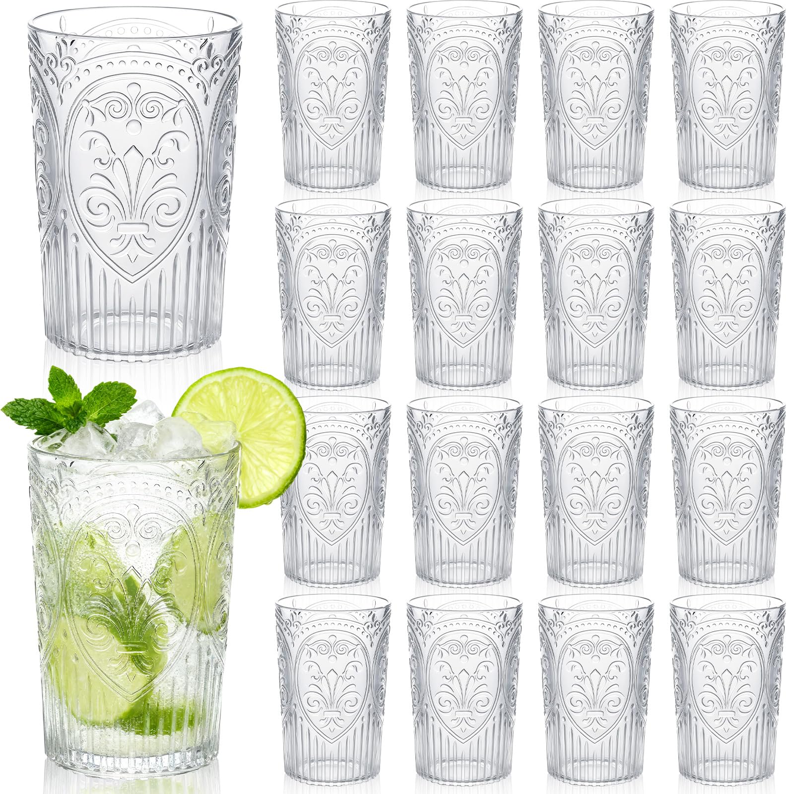 Acellegic Plastic Vintage Drinking Glasses - 16 oz Stemless Ribbed Highball Glasses Bulk Embossed Reusable Cups for Water Beer Cocktails Juice Wedding Bridal Shower Birthday Event Party(Clear,24 Pcs)