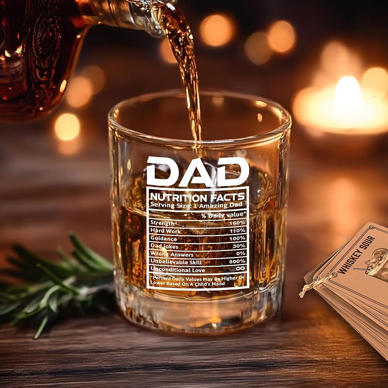 Dad Nutrition Facts Whiskey Gift Set in Wooden Box – 11oz Glass, Coaster, Recipe Cards – Variation of THIS listing