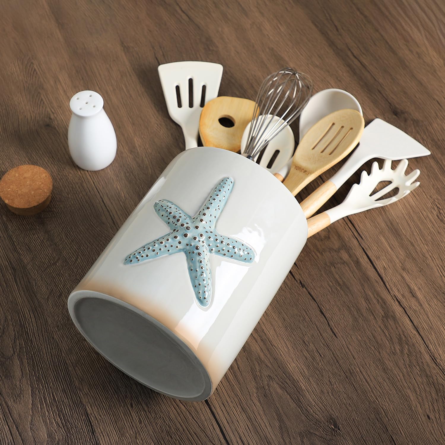 Bicuzat Ceramic Starfish Embossed Utensil Holder, Large Cooking Utensil Crocks for Countertop, Ocean Style Utensil Organizer for Spatula