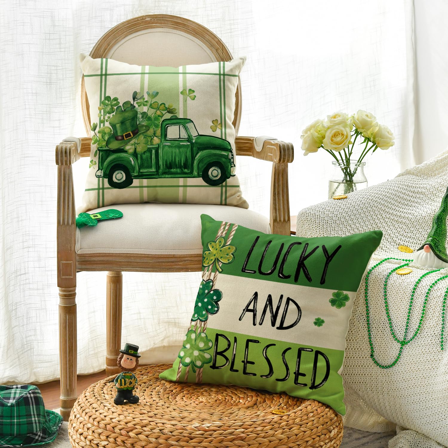AVOIN colorlife Happy St Patricks Day Clovers Vases Throw Pillow Covers, 18 x 18 Inch Lucky and Blessed Shamrock Truck Decoration for Sofa Couch Set of 4