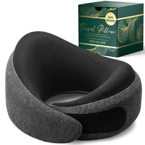 Proglobe Luxe Memory Foam Travel Neck Pillow for Airplanes, Ergonomic 360° Support with Soft Chin Support, Organic Cotton Cover, Compact Compression Bag, Ash Black