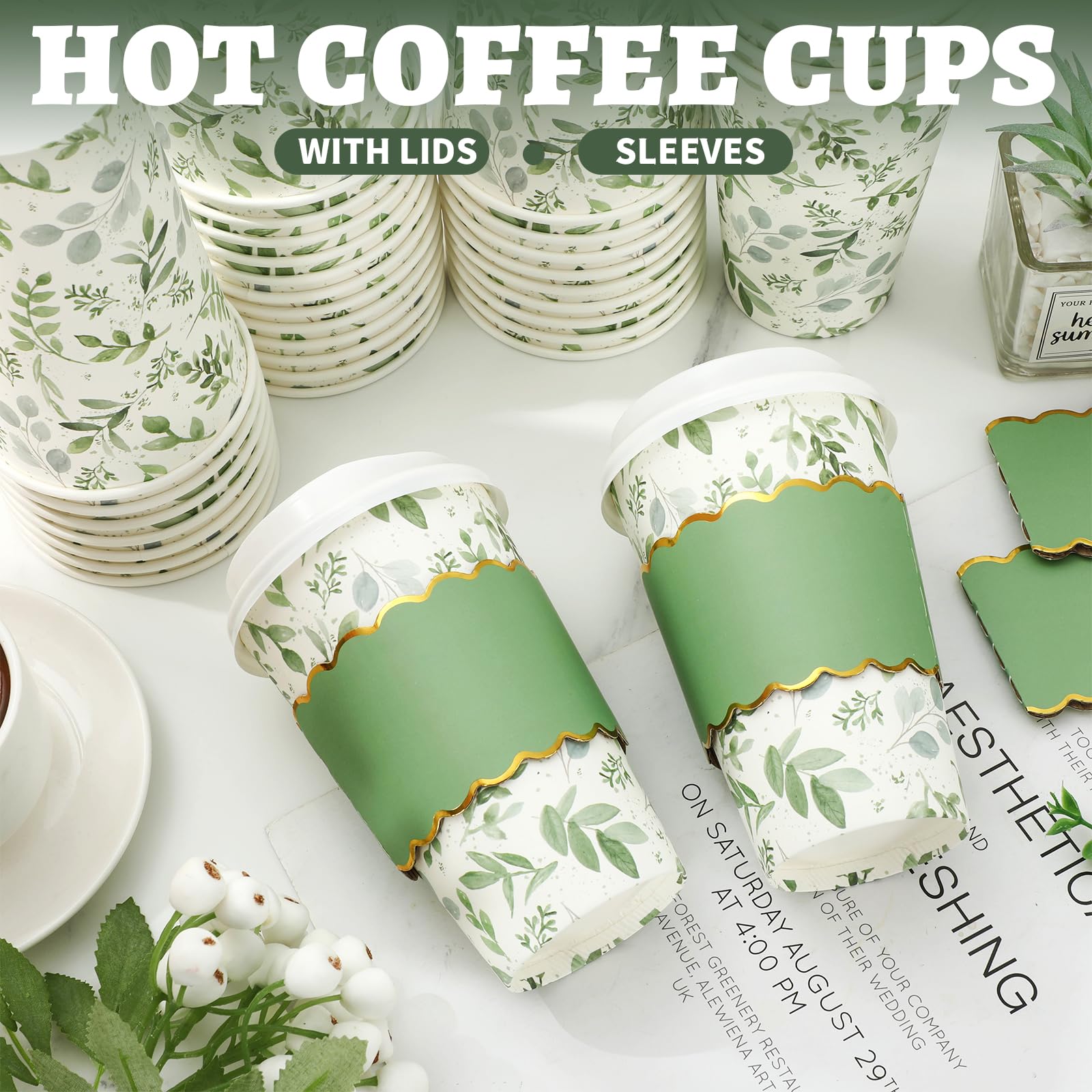JarThenaAMCS 50 Pcs Greenery Coffee Cups with Lids Sleeves 16 Oz Green Eucalyptus Leaves Paper Cups Disposable To Go Coffee Cup for Wedding Cafes Shops Cappuccino Chocolate Beverage Cocoa