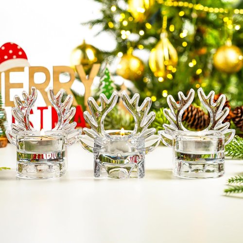 H&D Hyaline & Dora Clear Glass Reindeer Candle Holder Set - 3 Tealight Holders for Holiday Decor