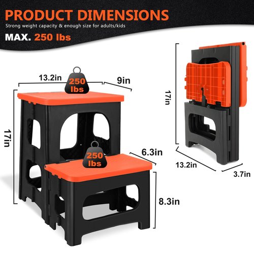 Folding 2-Step Stool, Non-Slip Portable Footstool 8" & 17" Dual Heights, Holds 250 lbs, Portable Footstool for Kitchen Home Toilet Bedroom Office Bathroom RV(Orange)