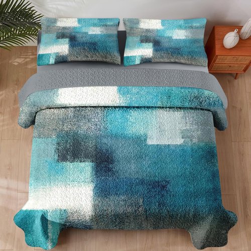 Pamnest Quilt Set Full/Queen Size, Turquoise Grey Painting 3 Pcs Soft Bed Cover Bedding Set for Kids and Adults, Teal Contemporary Gray Lightweight Bedspread Coverlet with Pillow Sham for All Season
