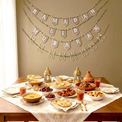 Marsui 4 Pcs Ramadan Eid Mubarak Wood Bead Garland Eid Mubarak Ramadan Hanging Banner Garland Farmhouse Wooden Rustic Neutral Hanging Decor for Party Fireplace Home Wall Sign Decoration