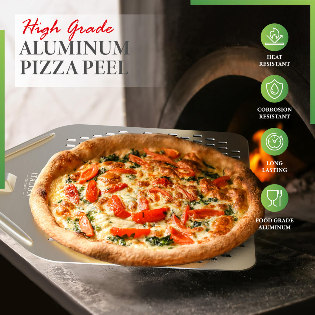 The Italian Kitchen Perforated Pizza Peel - Professional 13 x 16.7 Metal Pizza Peel Paddle - 27.3 Overall Aluminum Pizza Peel - Works With All Pizza Ovens, Stones & Grills Silver
