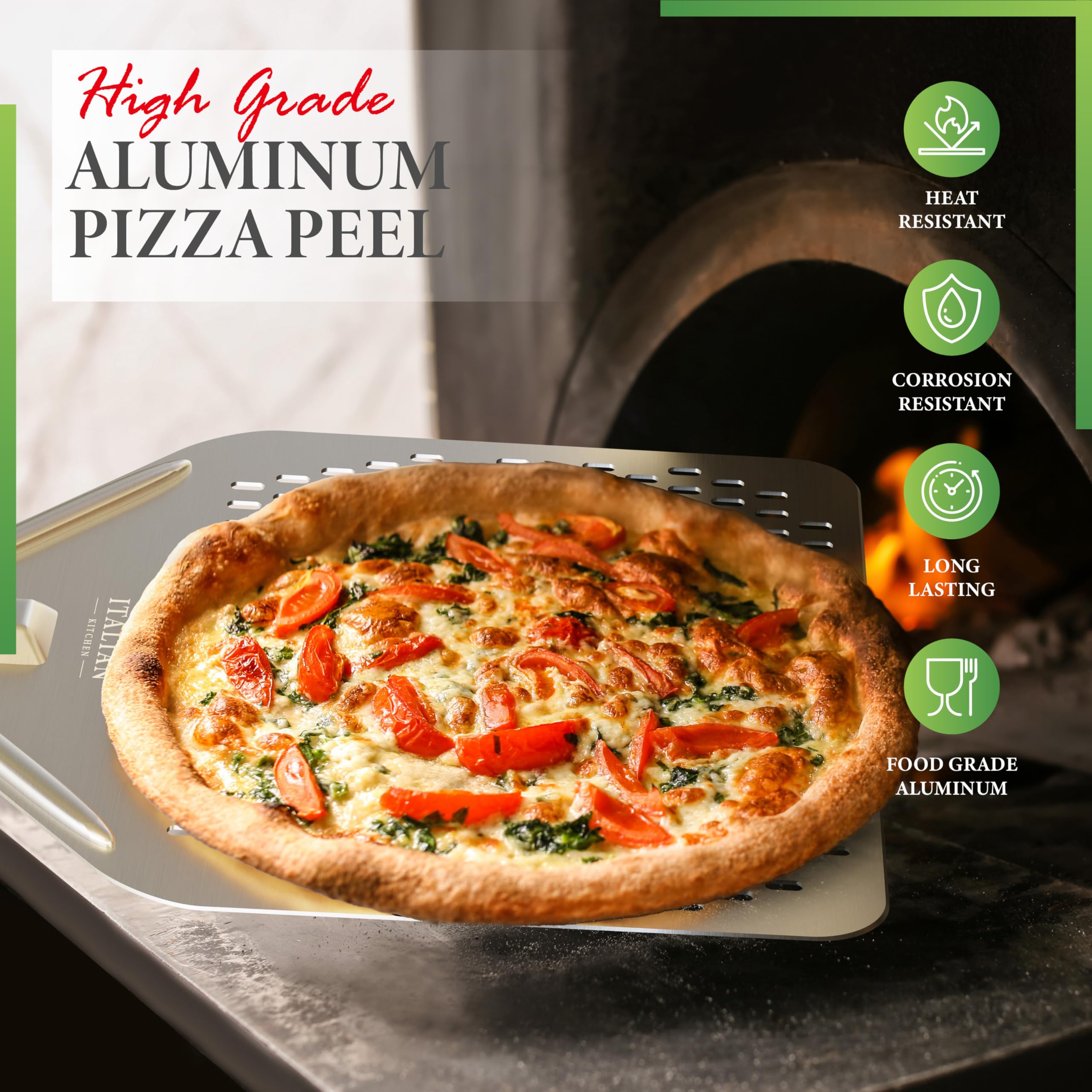 The Italian Kitchen Perforated Pizza Peel - Professional 13 x 16.7 Metal Pizza Peel Paddle - 27.3 Overall Aluminum Pizza Peel - Works With All Pizza Ovens, Stones & Grills Silver