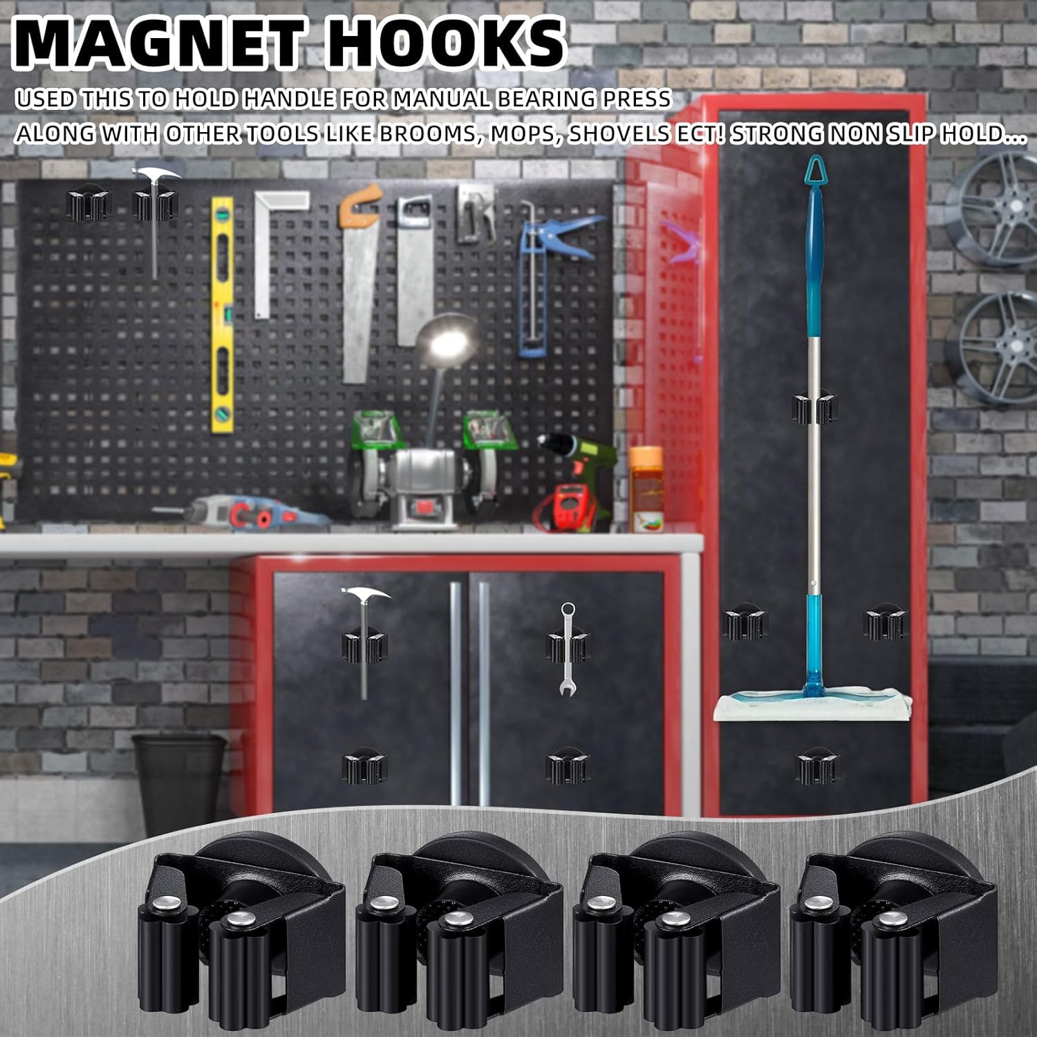Vercraft Magnetic Mop Broom Holder - Movable Wall-Mounted Rack for Cleaning Tools | Black, 2 Pcs