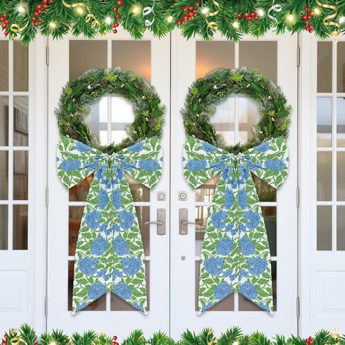 HunnmingRe Hydrangea Bow Wreath Sash - 24 x 16 Inch Christmas Decor for Front Door | Blue Green Floral Burlap