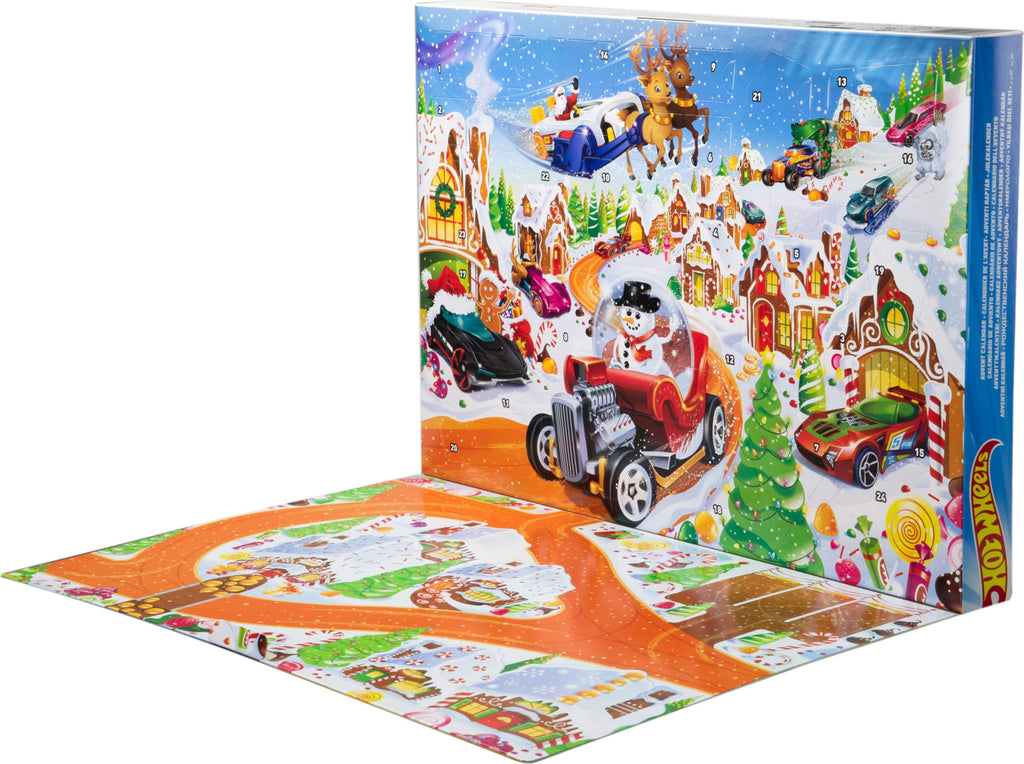 Hot Wheels Toy Cars & Playset, 2025 Advent Calendar with 10 Vehicles in 1:64 Scale, 10 Ornament Clips & 14 Winter-Themed Accessories