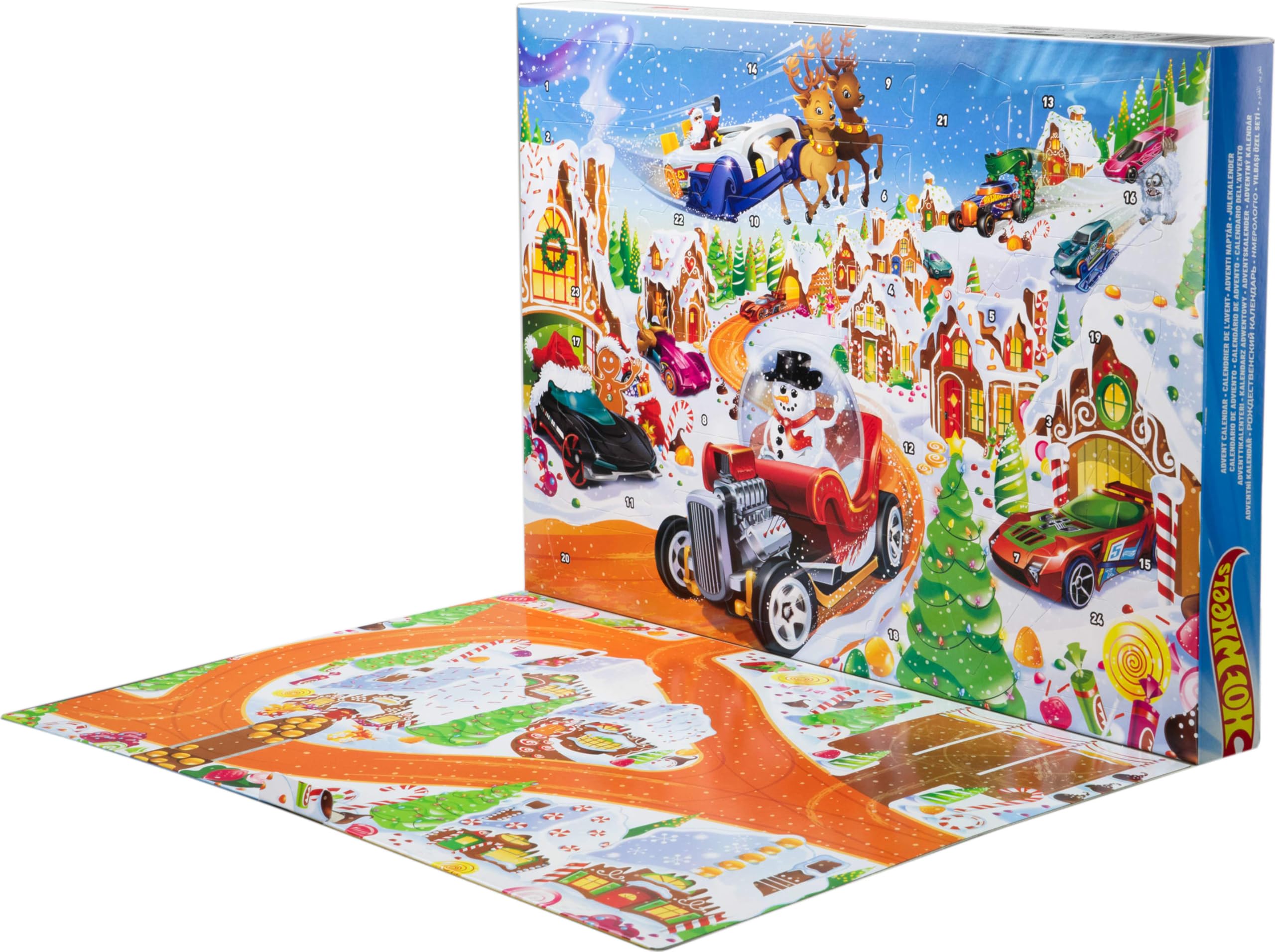 Hot Wheels Toy Cars & Playset, 2025 Advent Calendar with 10 Vehicles in 1:64 Scale, 10 Ornament Clips & 14 Winter-Themed Accessories