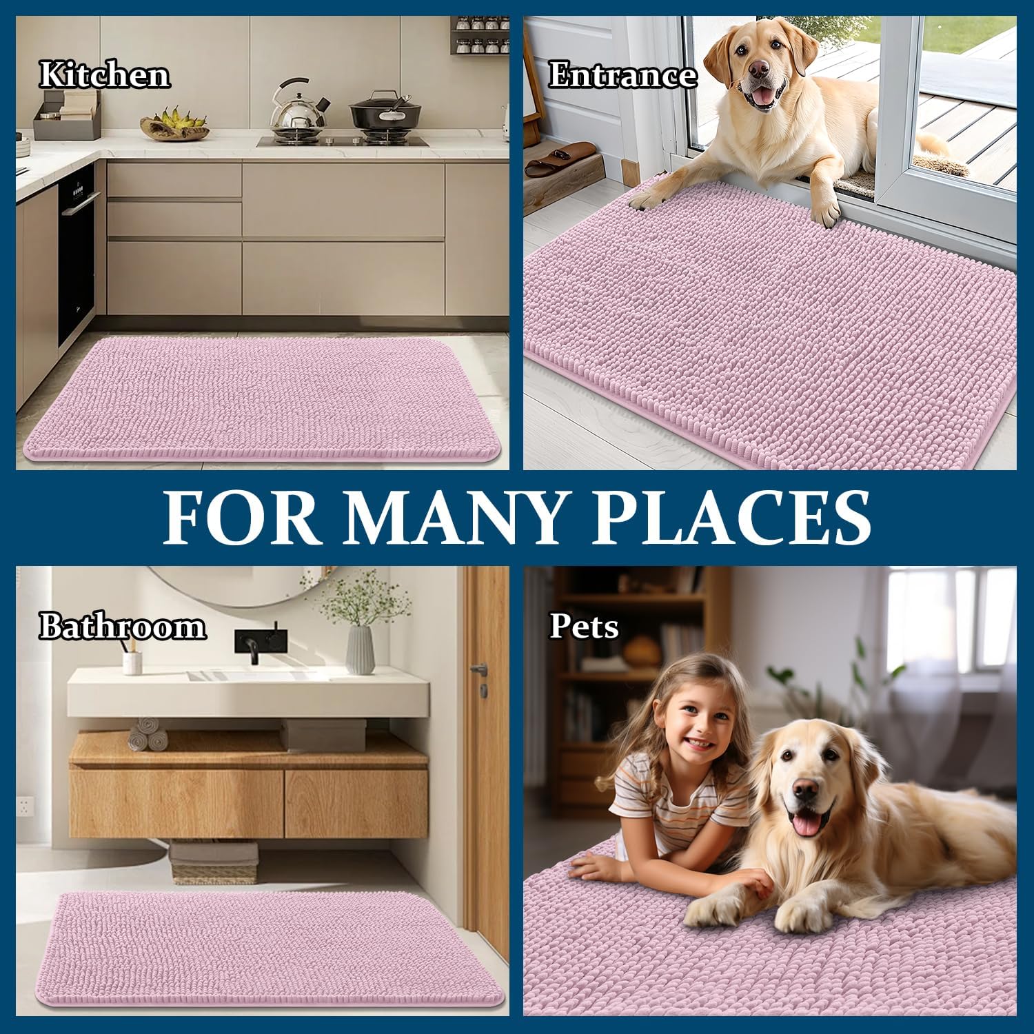 OLANLY Dog Door Mat - Absorbent Non-Slip Chenille Doormat for Muddy Paws | 44x24, Dusty Rose