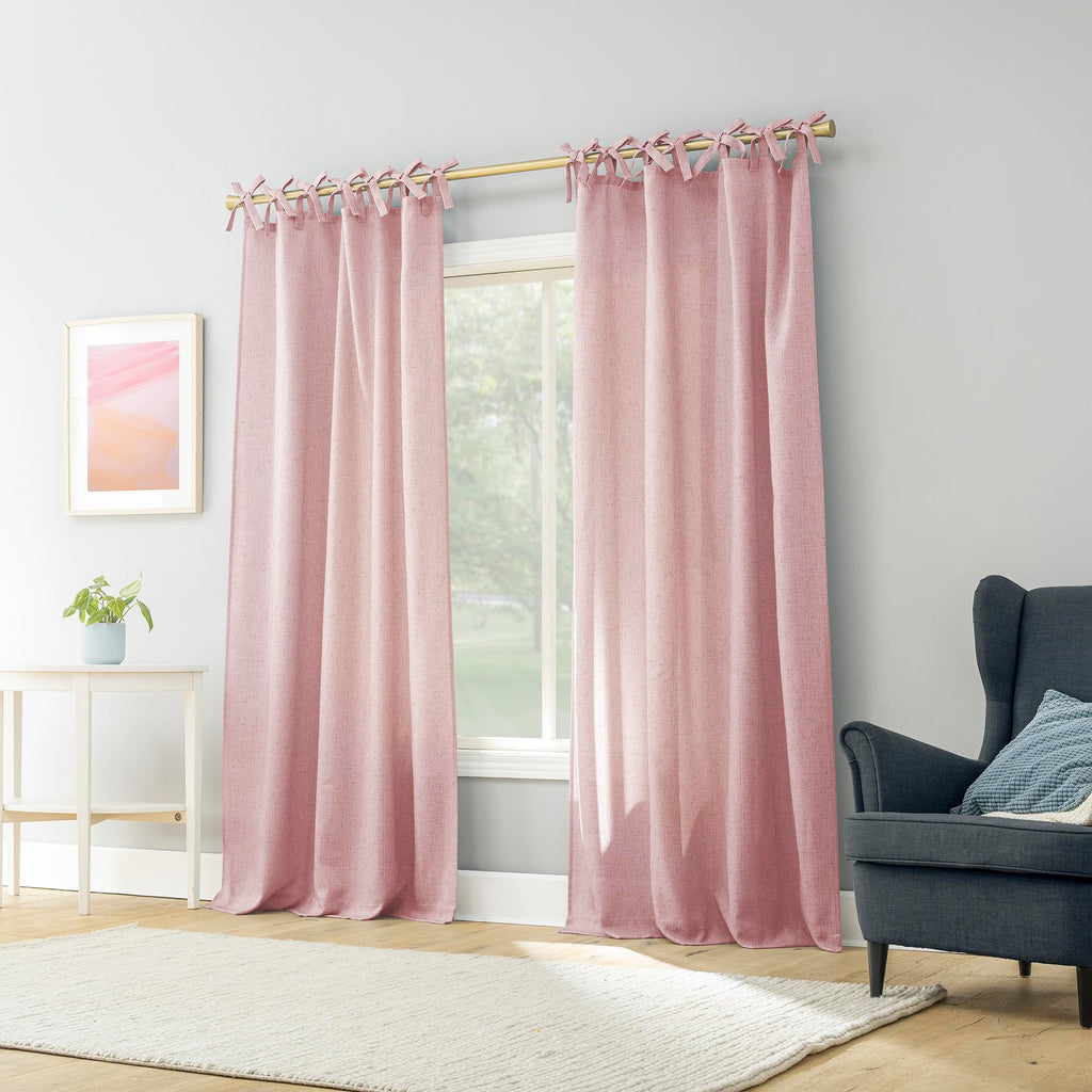 Sun Zero Roxy Generation Slub Texture Tacked Bow Semi-Sheer Tie Top Curtain Panel, 50" x 84", Pink