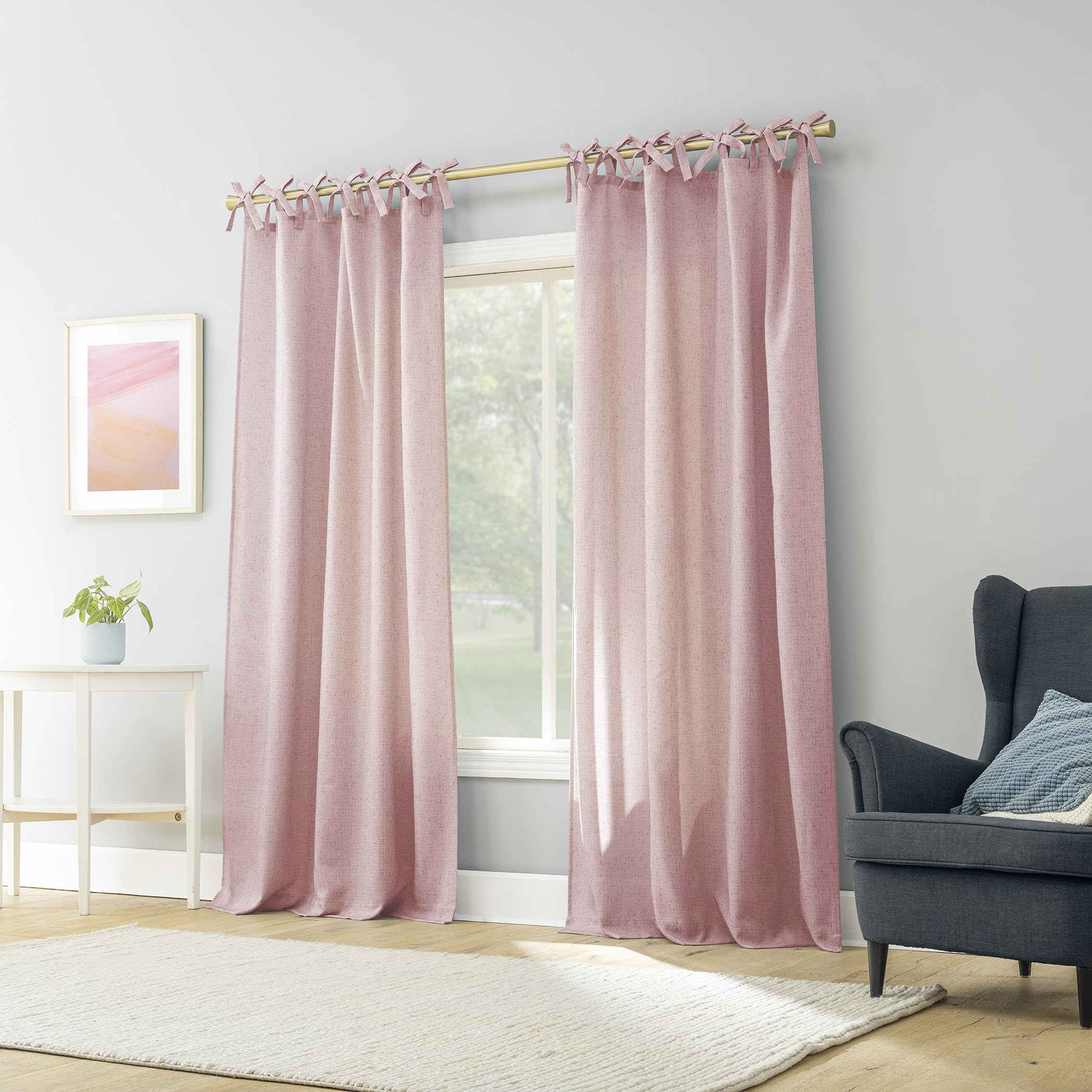 Sun Zero Roxy Generation Slub Texture Tacked Bow Semi-Sheer Tie Top Curtain Panel, 50" x 84", Pink