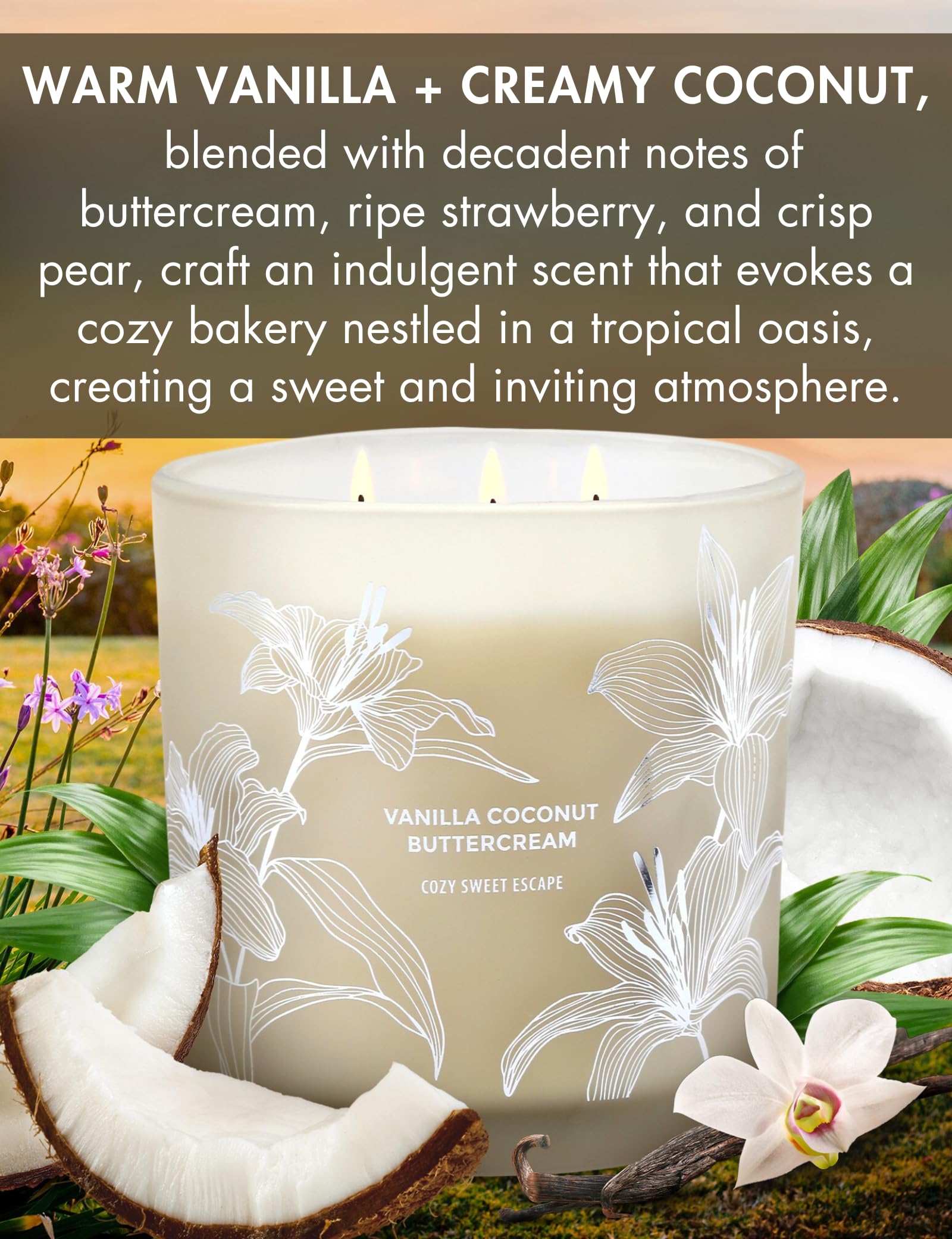 Vanilla Coconut Buttercream Candle, 14.5oz Large 3-Wick Soy Scented Candles for Home, Vanilla Cupcake Candle, Long Lasting Aromatherapy Candle, Gift for Mom Women