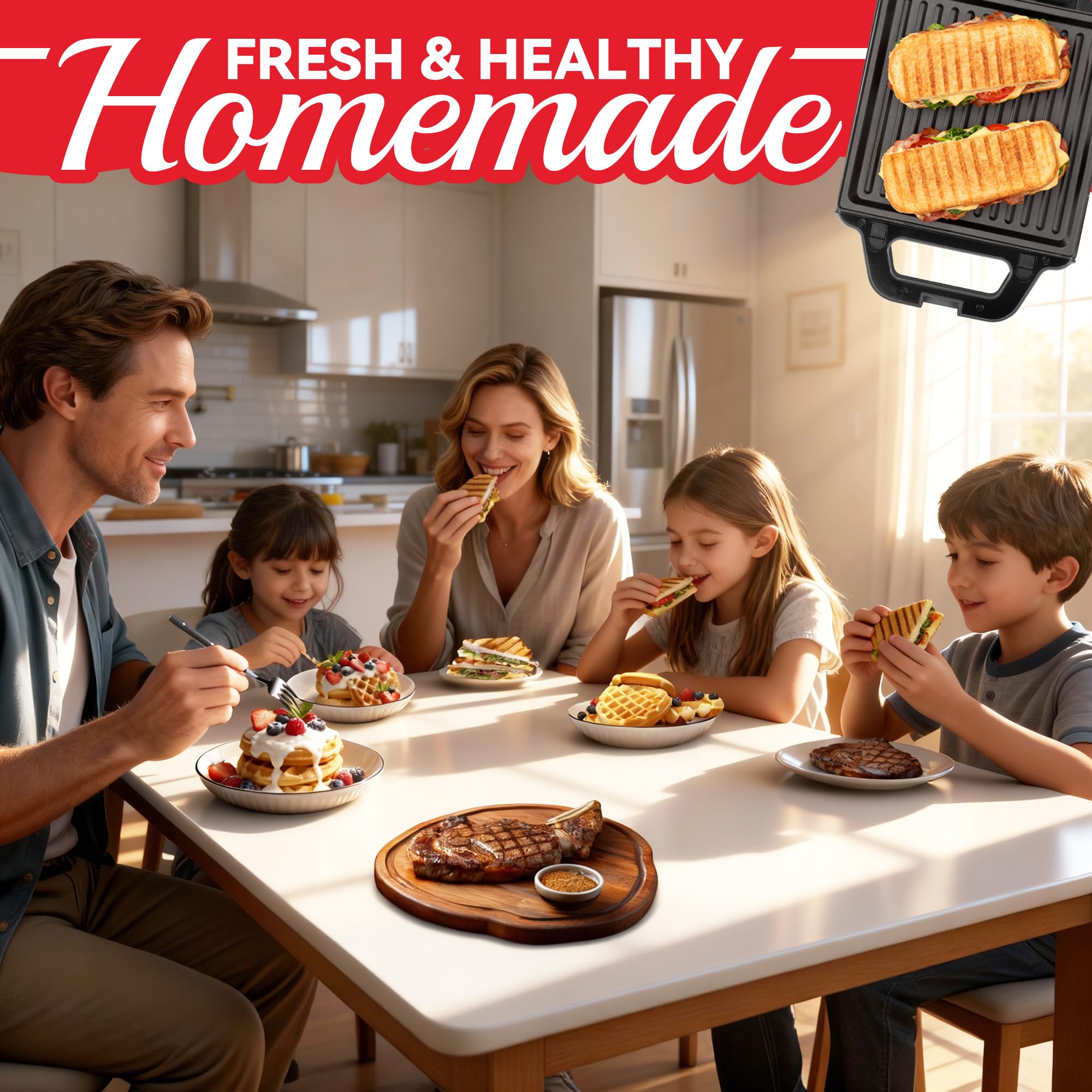 SugarWhisk 2 in 1 Mini Waffle Maker with Removable Plates, Panini Press Sandwich Maker, Sandwich Press, Waflera Electrica, Sandwichera Electrica, 4 X 4 Inch Classic Waffle Maker for Kids, Graphite