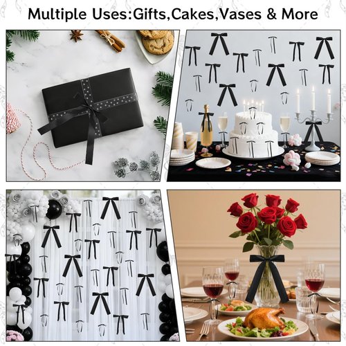 GZIXBDA 48Pcs Black Bow Wall Decor, Satin Ribbon Bow Birthday Decorations Photo Backdrop Party Decor for Birthday Baby Shower Bachelorette Wedding Party Room Bedroom