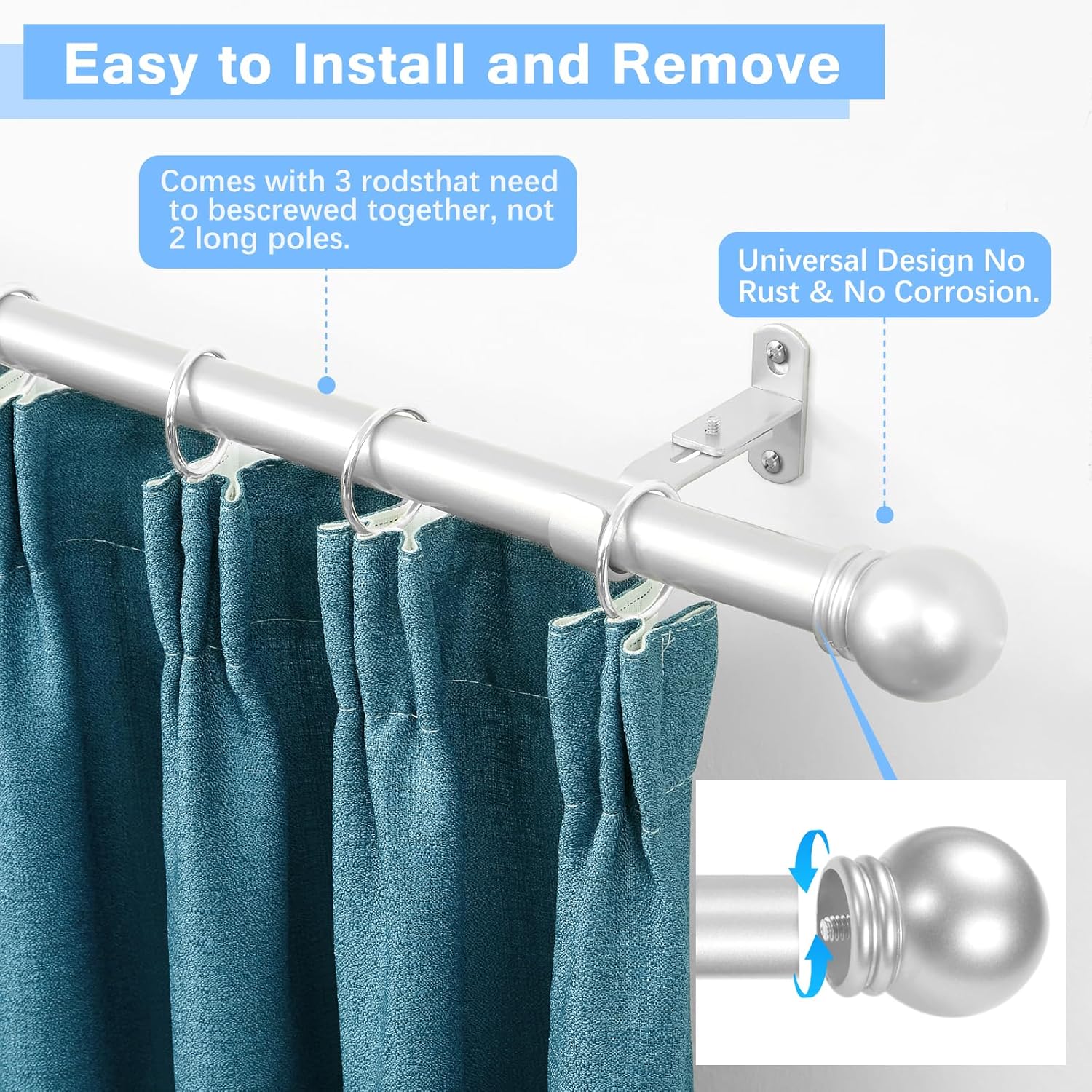 Max Adjustable Curtain Rods by [Brand Name] - 16 to 48 Inches, Satin Silver, 1" Diameter, Pack of 1