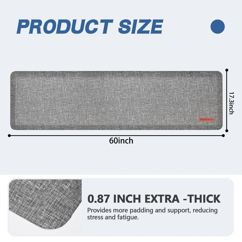 Ergohead Anti Slip 7/8 inchs Anti Fatigue Kitchen Floor Mat, Ergonomic Comfort Standing Mat, Waterproof Kitchen Runner for Home, Kitchen, Office, Laundry, Garage (Light Gray, 17.3" x 60" -0.87")
