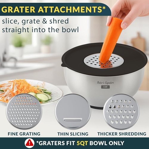 Baker's Signature Stainless Steel Mixing Bowls Set - 5 Sizes with Airtight Lids & Non-Slip Base | Black