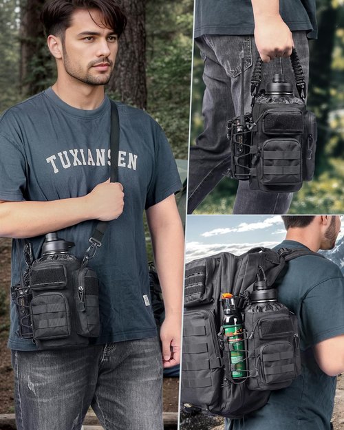 RXW 64 oz Insulated Water Bottle with Sleeve, Half Gallon Stainless Steel Tactical Water Jug Large Military Water Bottle with 3-IN-1 Pouch/3 Lids/Straw/Paracord Handle for Gym, Camping, Workout