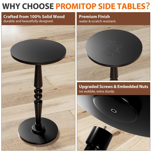 Round Side Table for Small Spaces - Small Accent End Table Nightstand with Solid Wood Top and Pedestal Leg - Modern Drink Table for Livingroom, Bedroom, Corners, Office