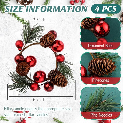 FoldTier Christmas Candle Rings - 4 Pcs Red Berries & Pine Needles Garland | Rustic Table Centerpieces