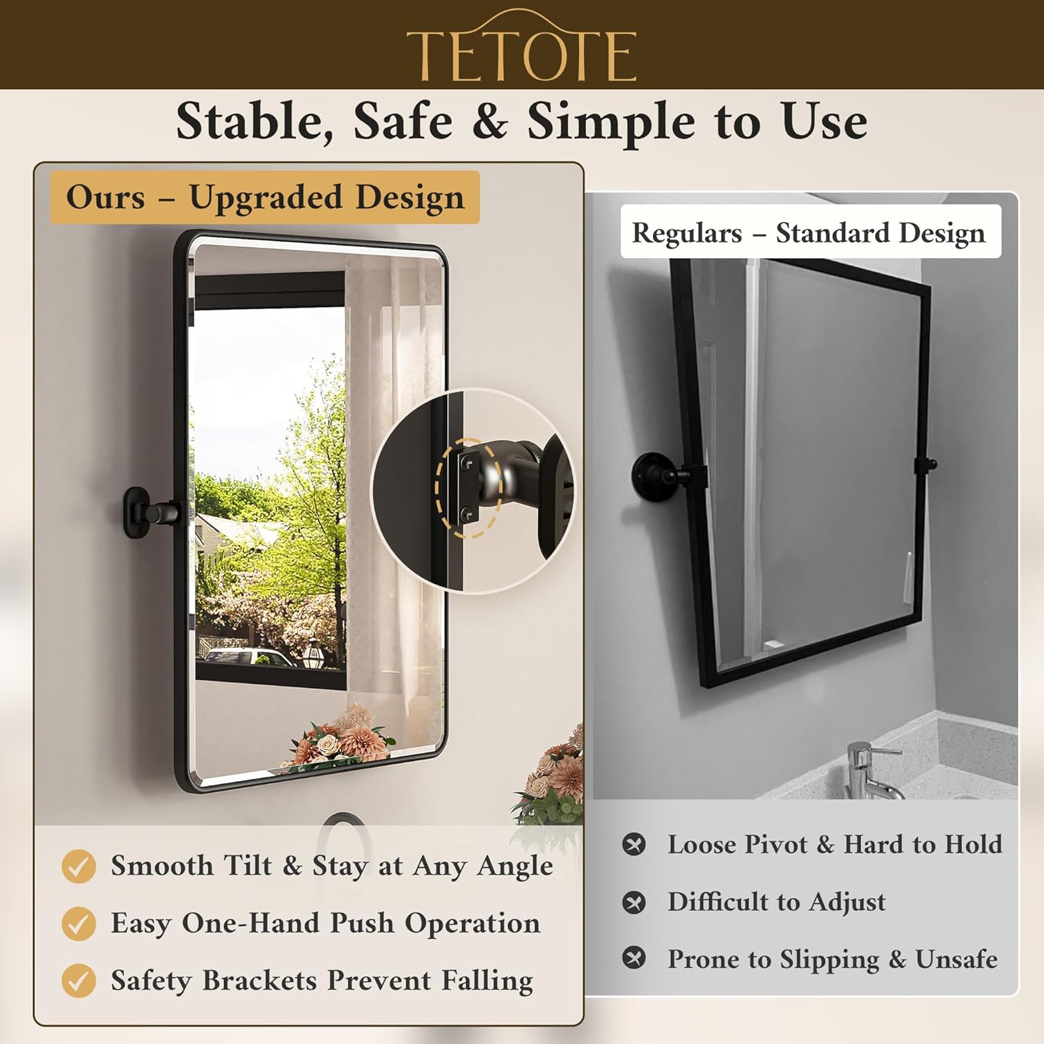 TETOTE Pivot Mirror - Modern Farmhouse Matte Black Rectangle Vanity Mirror | 20 x 30 Inches, Adjustable Beveled Glass