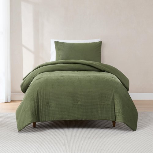 Lush Decor Arden Ribbed Corduroy Comforter 2 Piece Set Twin/Twin XL Olive - Green Bedding Set - Velvet Comforter - Kids Bedding - Dorm Decor - Retro Decor