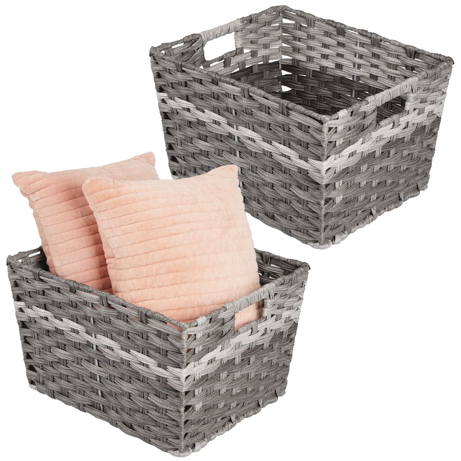mDesign Wide Rectangular Woven Braided Rope Home Storage Baskets with Handles - for Organizing Closet, Bedroom, Bathroom, Living Room, Entryway, Office - 8.25" High, 2 Pack - Gray