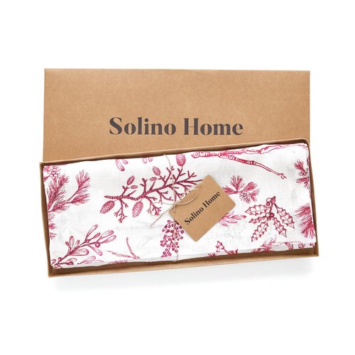 Solino Home 100% Pure Linen Table Runner 90 Inches Long - Red/White Table Runner 14 x 90 Inch - Handcrafted and Machine Washable - Winter Forest Print