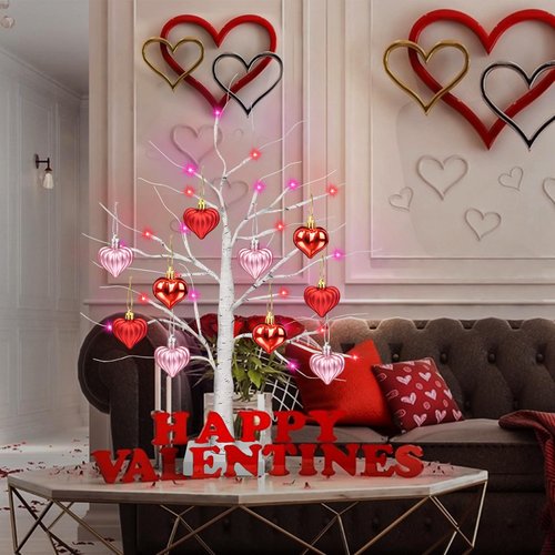Valentines Day Decor 2 Pack 24 Inch Lighted Valentines Decorations Tree with 20 Heart Ornament, Timer/USB/Battery Operated Valentines Decor Tree Valentines Day Decorations for Home Table Bedroom Party