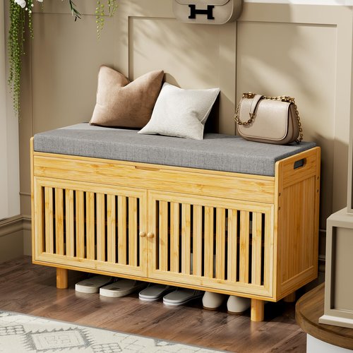 Shoe Storage Bench, Bamboo Entryway Bench with 2 Doors & Padded Seat Cushion, 35.4" W x 12.6" D x 19.7" H, 2-Tier Shoe Rack with Lift Top Hidden Storage, for Entryway, Living Room, Bedroom, Natural