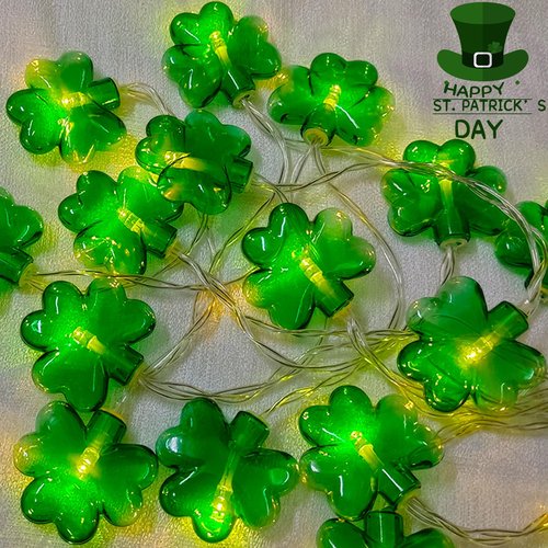 Fonusty St Patricks Shamrock String Lights Battery Operated 10Ft 20 LED Green Shamrock Lights with Timer, Indoor Outdoor Lucky Clover String Lights for Bedroom St. Patrick's Day Decor