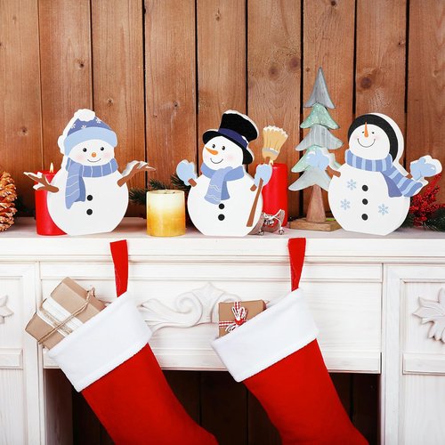 COCHIE Snowman Christmas Decorations - Cute Winter Tiered Tray Decor Set of 3 | Wooden Xmas Table Blocks