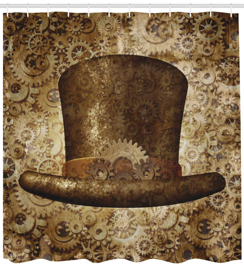 Ambesonne Victorian Shower Curtain, Steampunk Hat Fantasy Science Fiction Concept Futuristic Gears Cogs Print, Cloth Fabric Bathroom Decor Set with Hooks, 69" W x 84" L, Sand Brown